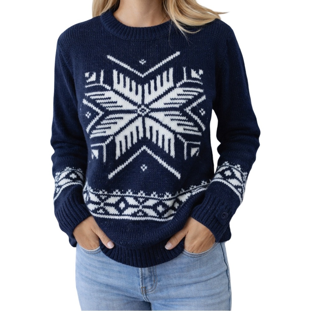 Abercrombie Fitch Womens Snowflake Fair Isle Sweater Navy White-NWT-Size S - Picture 5 of 5